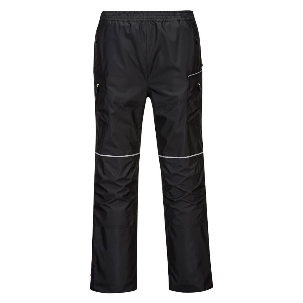 A pair of black work trousers designed for use on construction sites and in industrial work environments.,