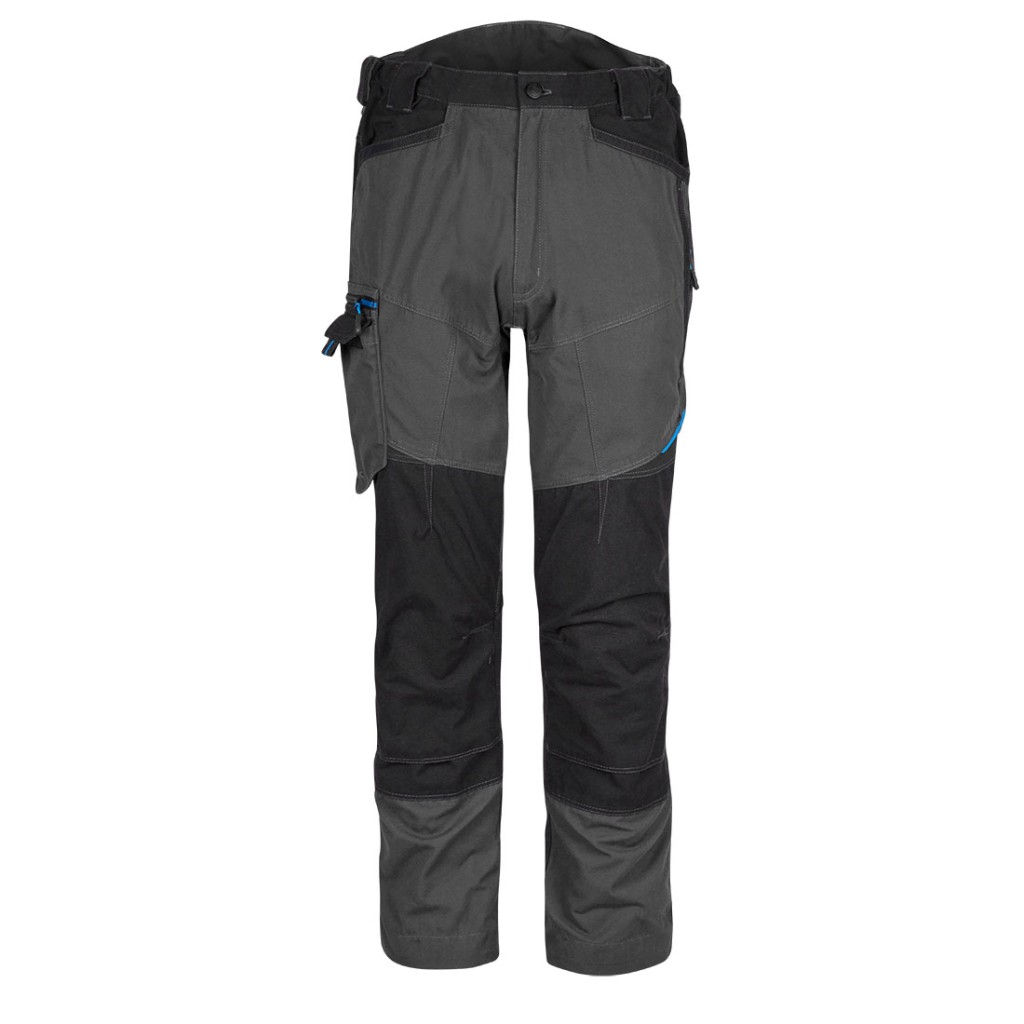 A pair of grey work trousers designed for use on construction sites and in industrial work environments.,