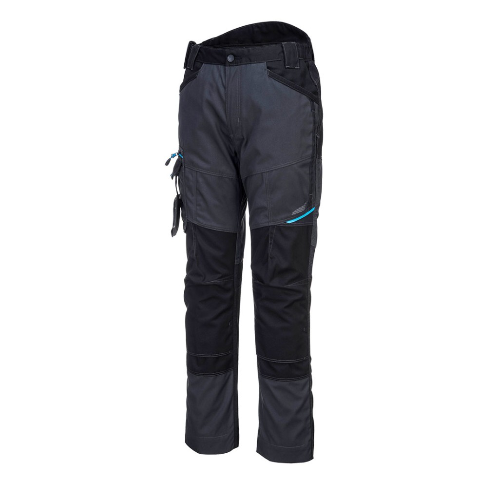 A pair of grey work trousers designed for use on construction sites and in industrial work environments.,