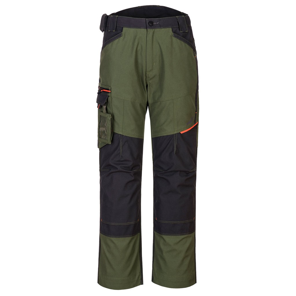 A pair of green work trousers designed for use on construction sites and in industrial work environments.,