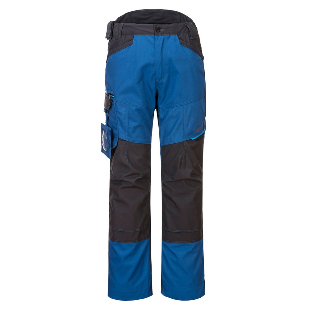 A pair of blue work trousers designed for use on construction sites and in industrial work environments.,