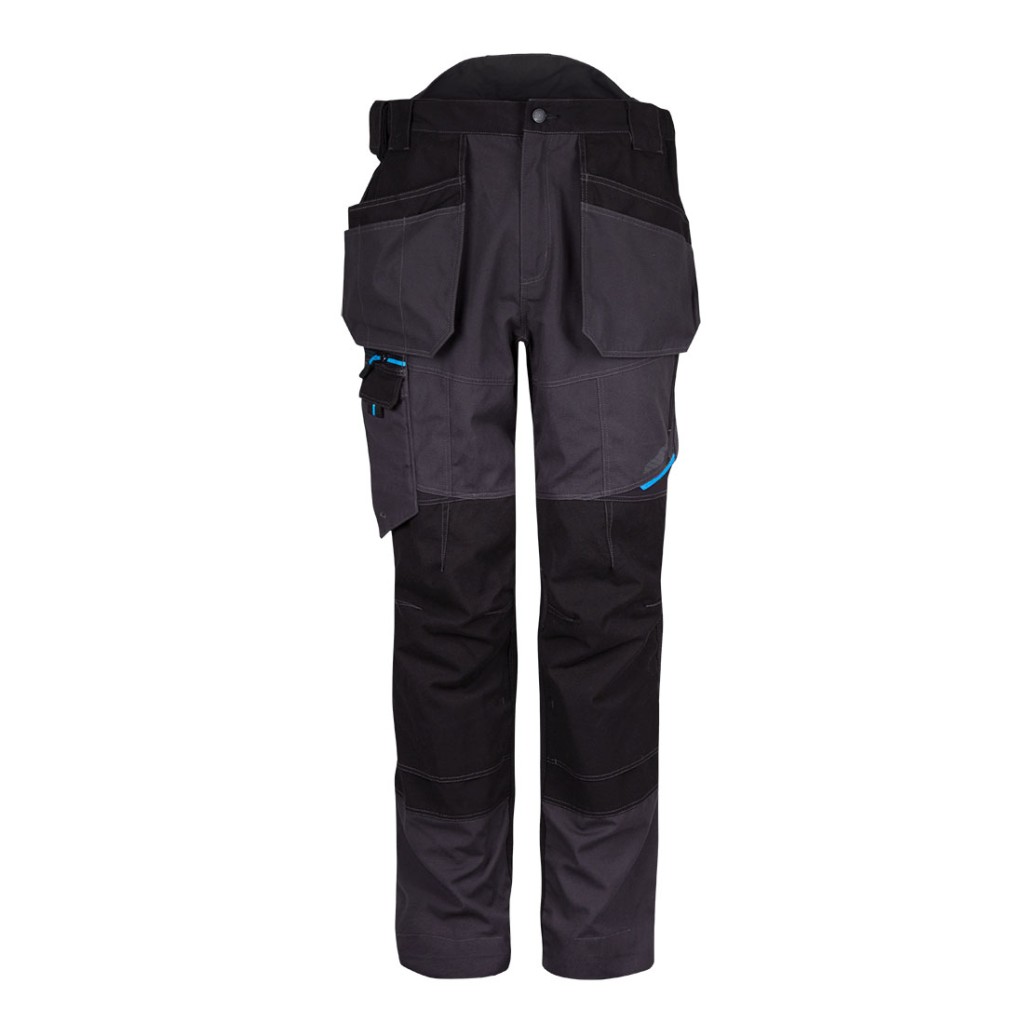 A pair of grey work trousers designed for use on construction sites and in industrial work environments.,