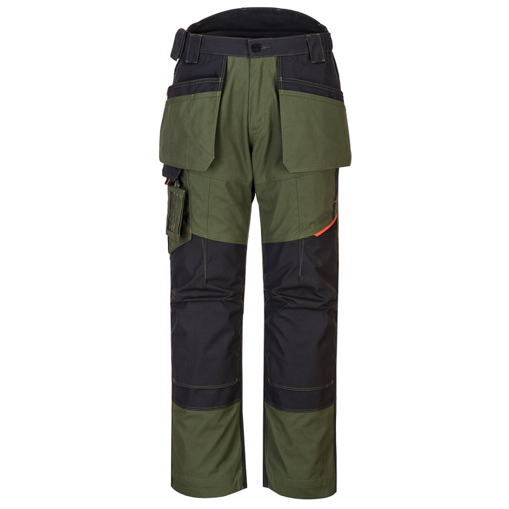 A pair of green work trousers designed for use on construction sites and in industrial work environments.,