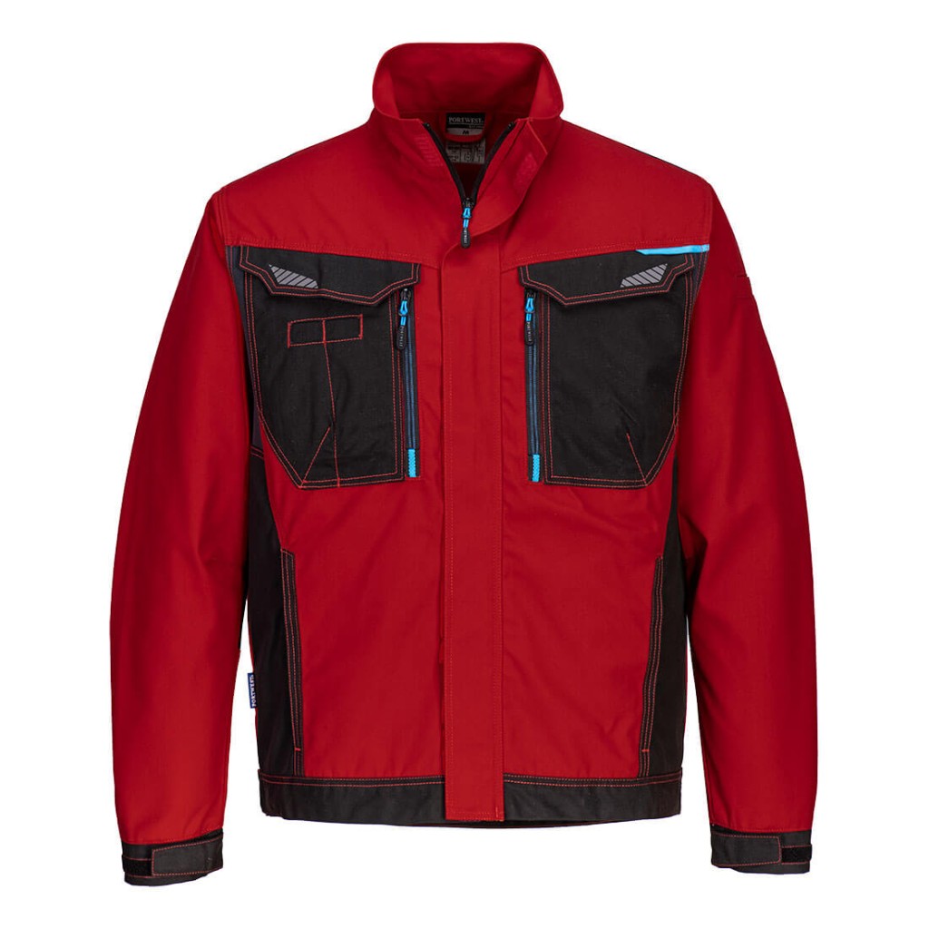 A red jacket designed for use on construction sites and in industrial work environments.,