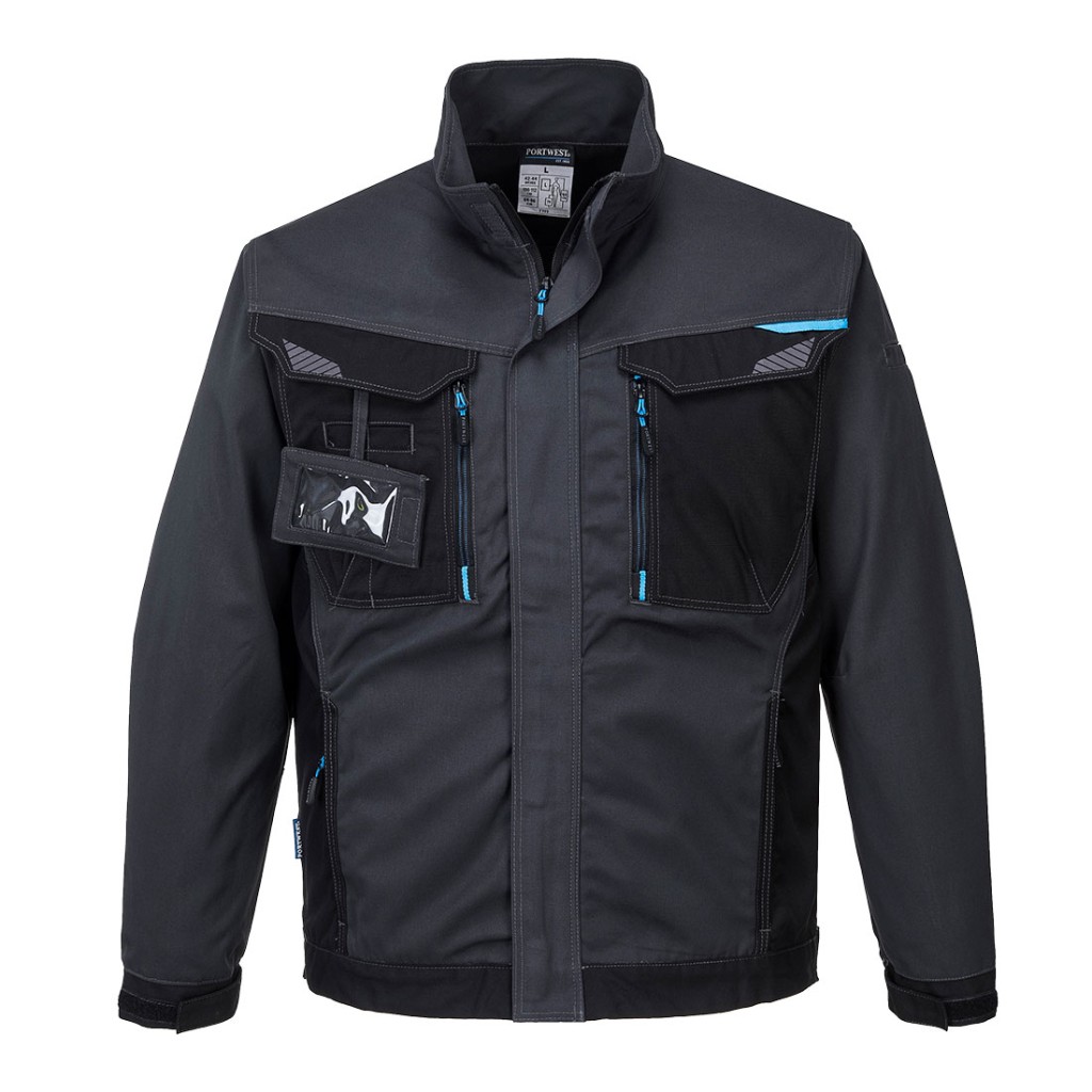 A grey jacket designed for use on construction sites and in industrial work environments.,