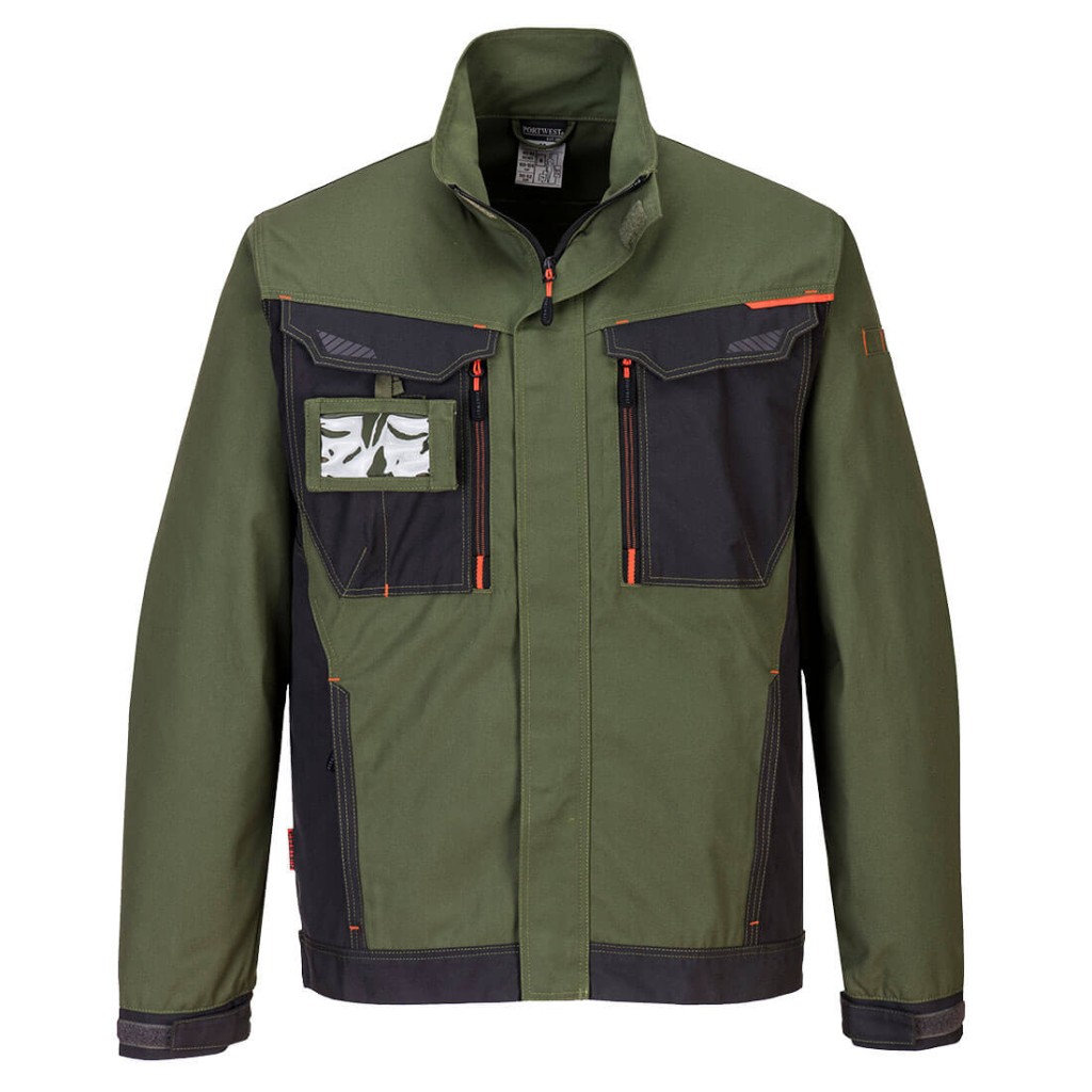 A green jacket designed for use on construction sites and in industrial work environments.,