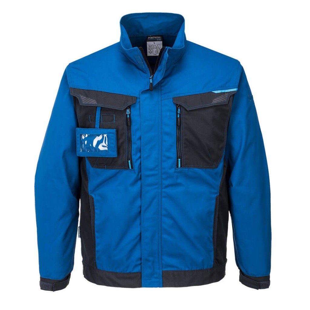 A blue jacket designed for use on construction sites and in industrial work environments.,