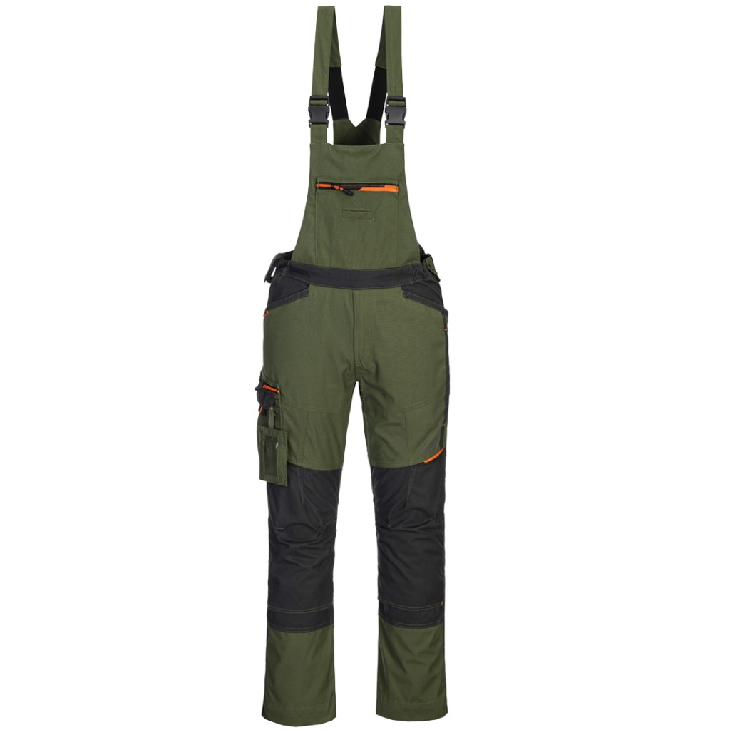 A green workwear garment designed for use on construction sites and in industrial work environments.,