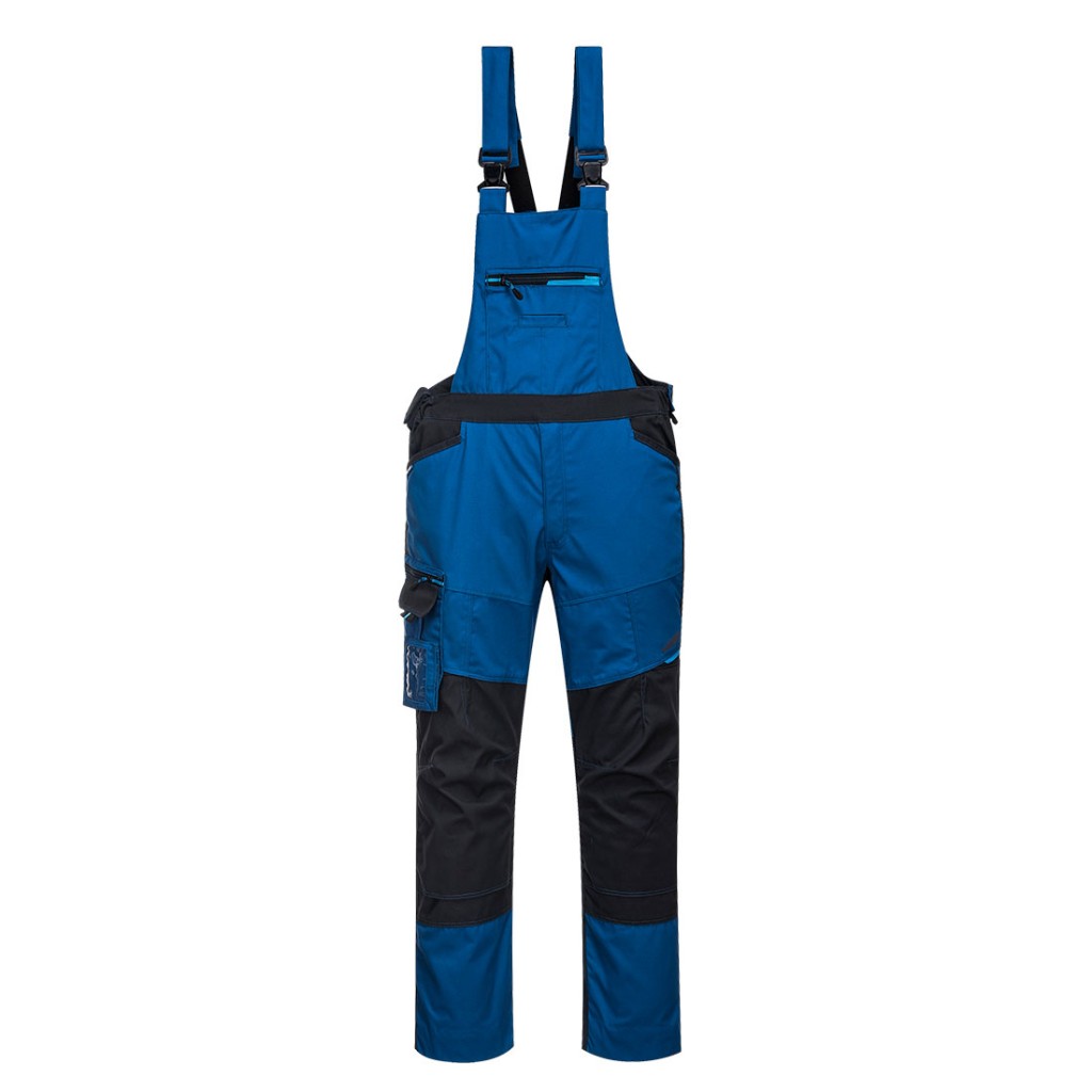 A blue workwear garment designed for use on construction sites and in industrial work environments.,