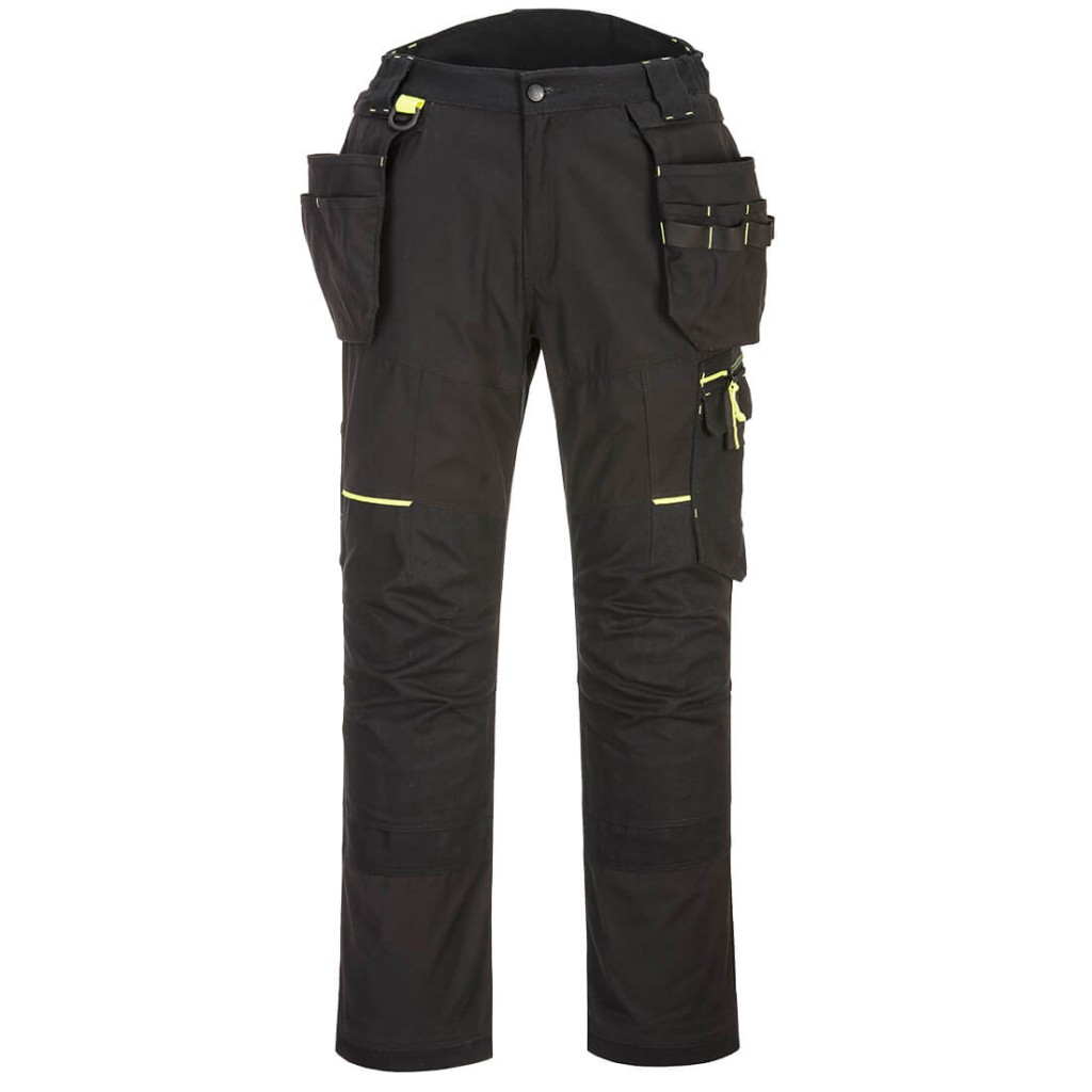 A pair of black work trousers featuring stretch panels for ease of movement, suitable for a wide range of outdoor and site work applications.