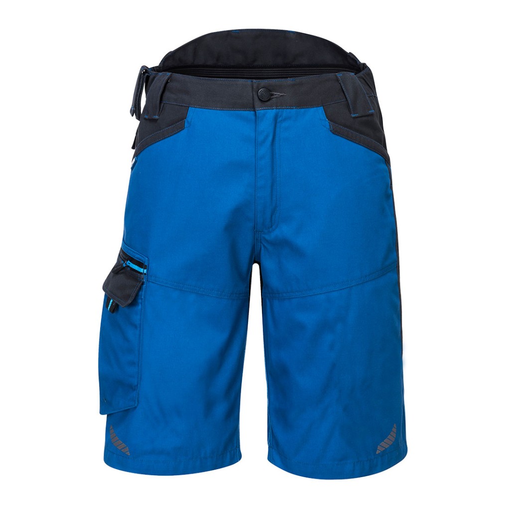A blue workwear garment designed for use on construction sites and in industrial work environments.,