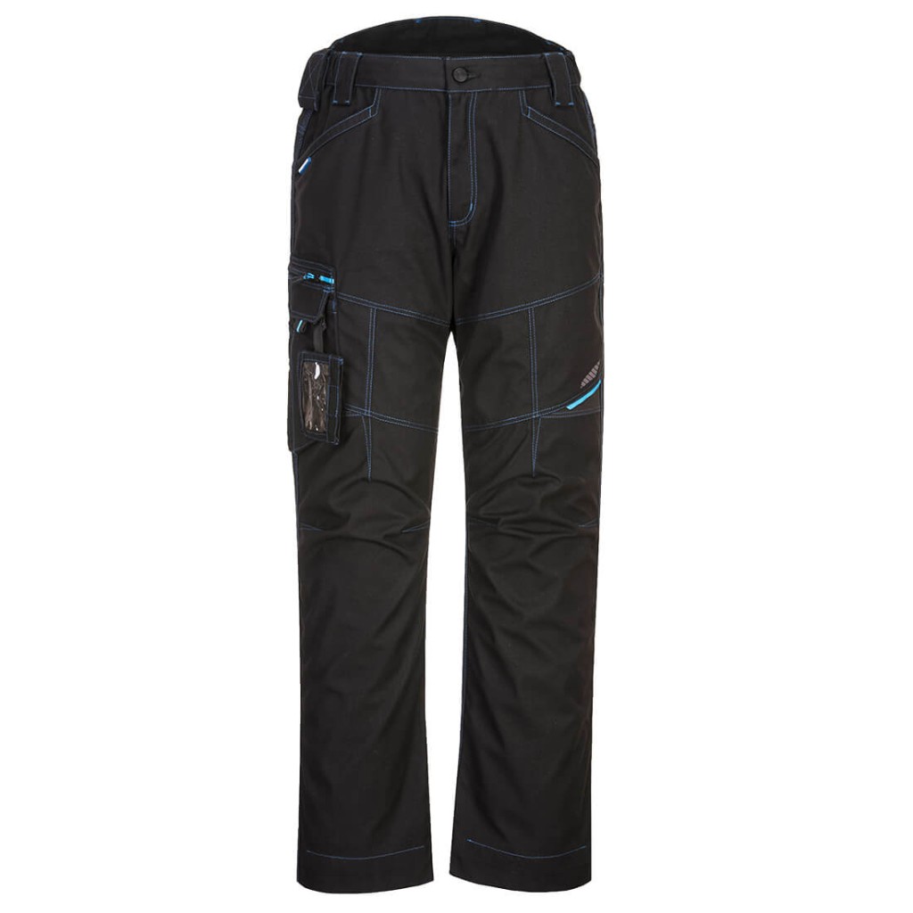 A pair of black work trousers designed for use on construction sites and in industrial work environments.,
