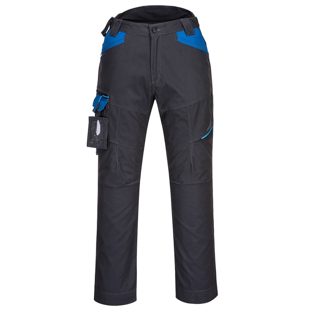 A pair of grey work trousers designed for use on construction sites and in industrial work environments.,