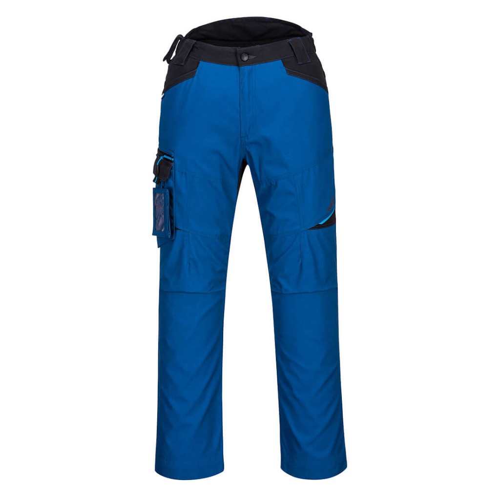 A pair of blue work trousers designed for use on construction sites and in industrial work environments.,