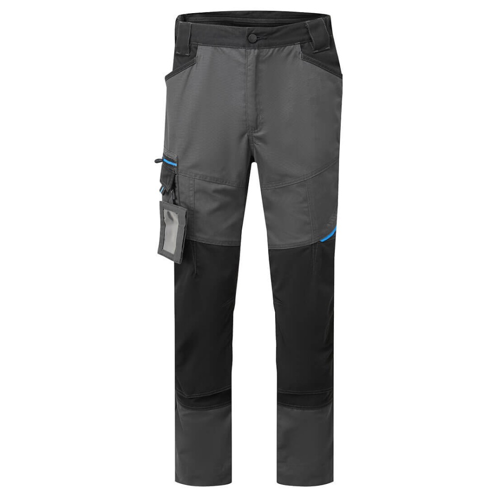 A pair of grey work trousers designed for use on construction sites and in industrial work environments.,