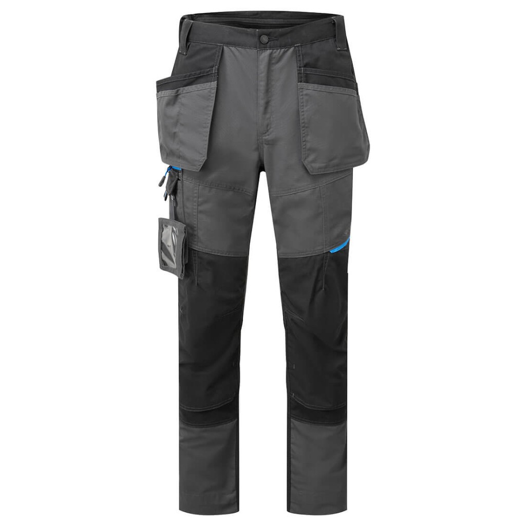 A pair of grey work trousers designed for use on construction sites and in industrial work environments.,