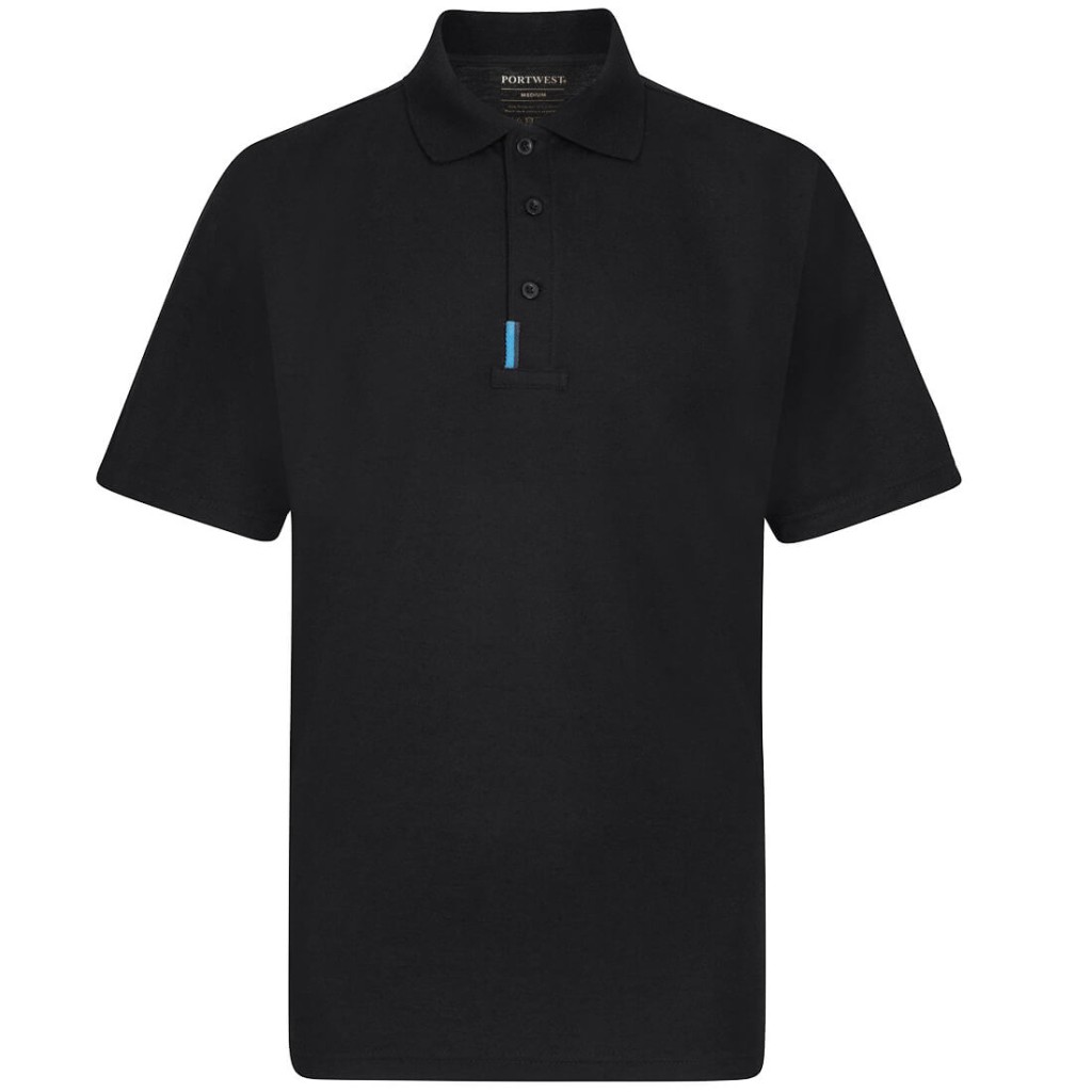 A black polo shirt designed for use on construction sites and in industrial work environments.,