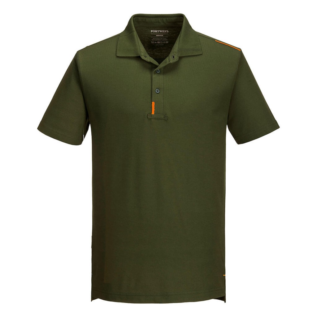 A green polo shirt designed for use on construction sites and in industrial work environments.,