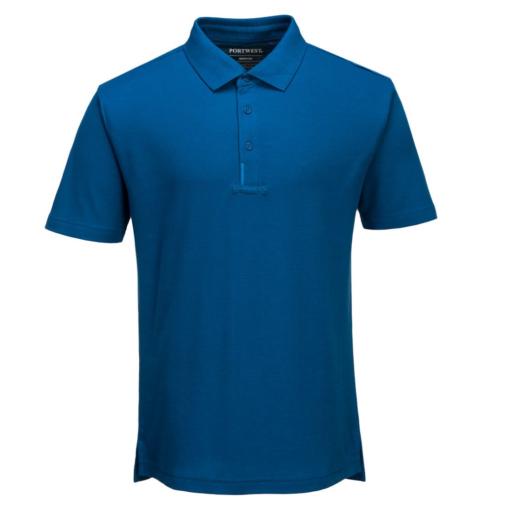A blue polo shirt designed for use on construction sites and in industrial work environments.,