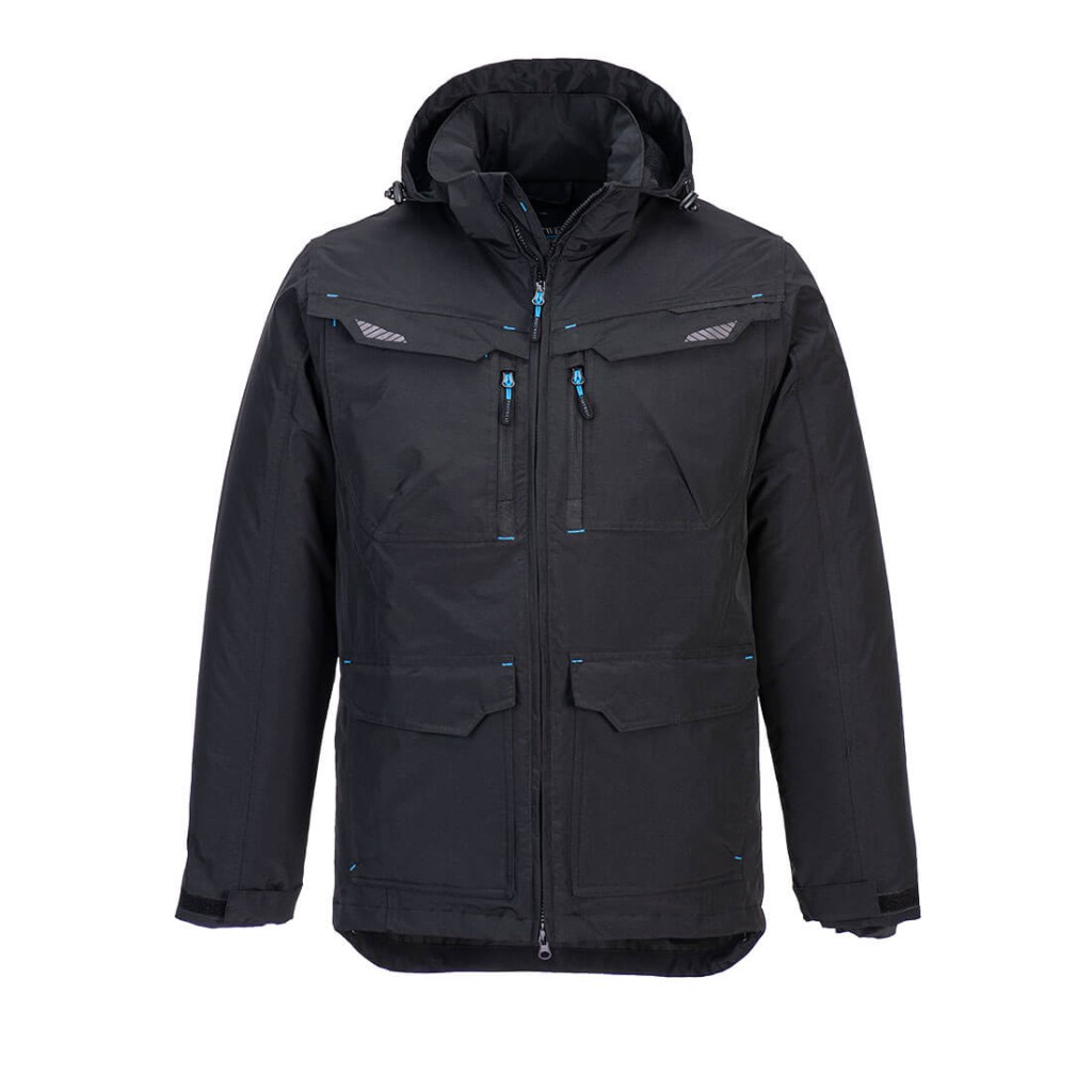 A black jacket designed for use on construction sites and in industrial work environments.,