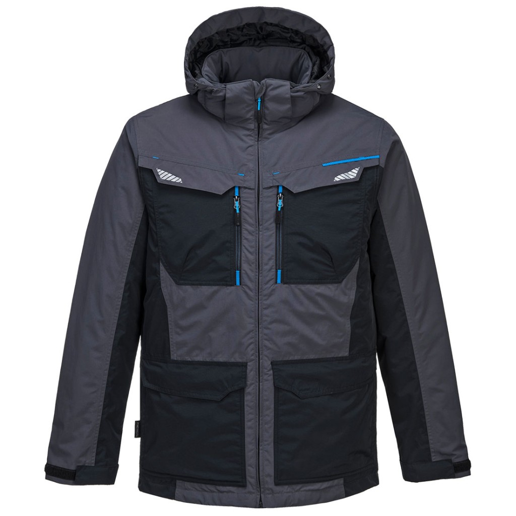 A grey jacket designed for use on construction sites and in industrial work environments.,