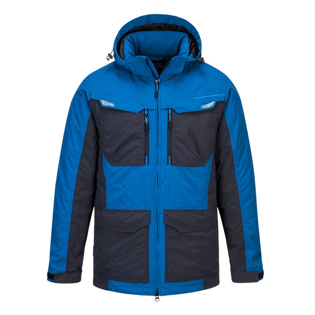 A blue jacket designed for use on construction sites and in industrial work environments.,