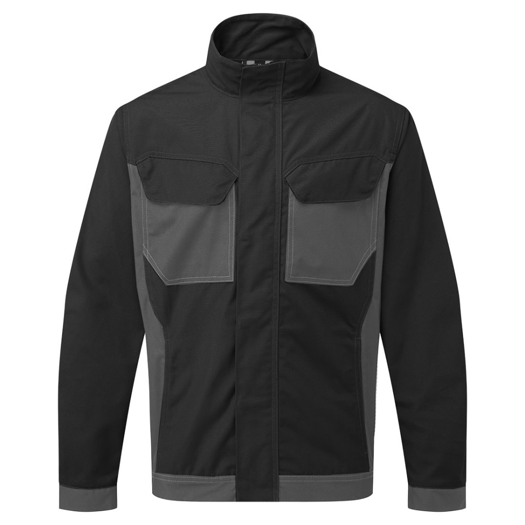 A black jacket designed for use on construction sites and in industrial work environments.,