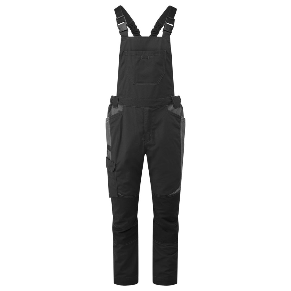 A black workwear garment designed for use on construction sites and in industrial work environments.,