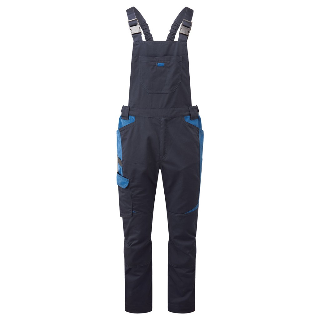 A navy blue workwear garment designed for use on construction sites and in industrial work environments.,