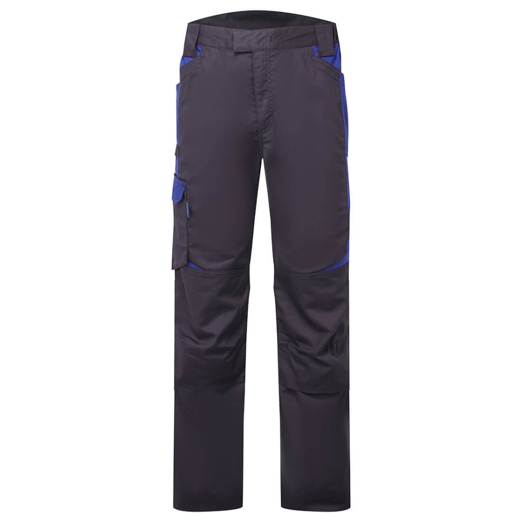 A pair of navy blue work trousers designed for use on construction sites and in industrial work environments.,