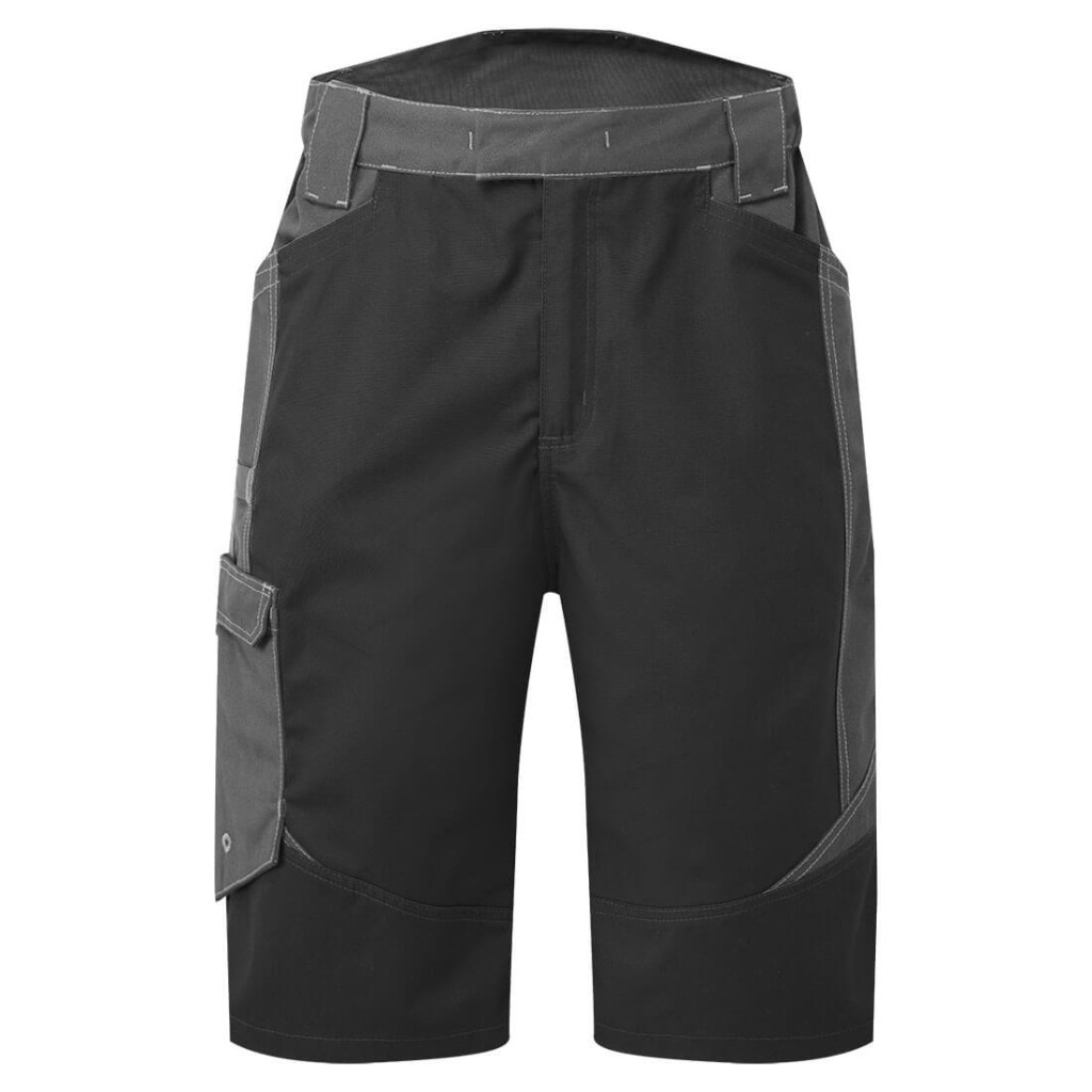 A black workwear garment designed for use on construction sites and in industrial work environments.,
