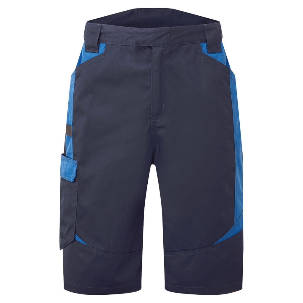 A navy blue workwear garment designed for use on construction sites and in industrial work environments.,