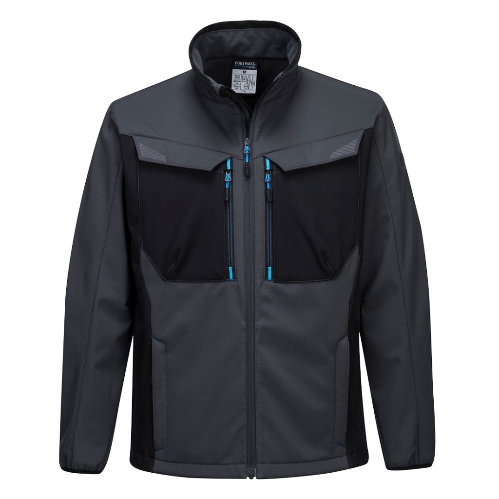 A grey softshell jacket designed for use on construction sites and in industrial work environments.,