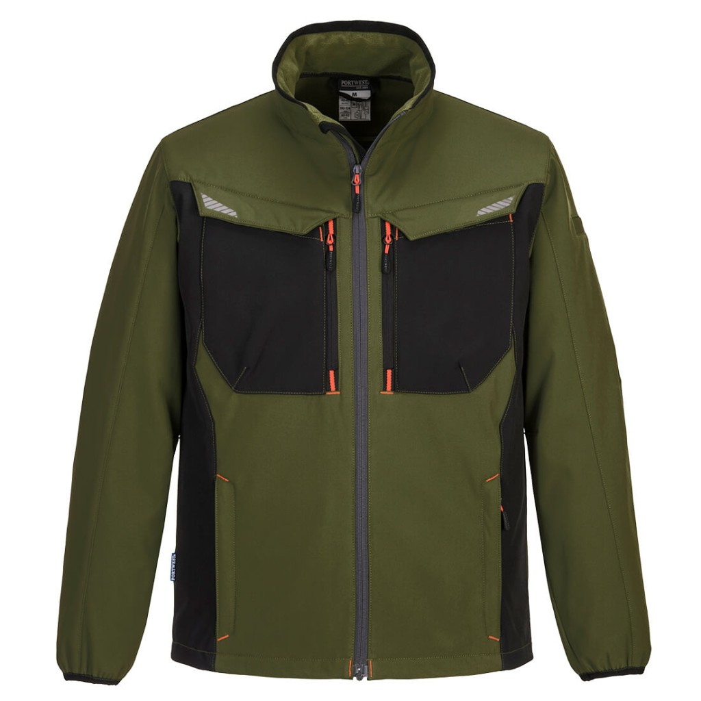 A green softshell jacket designed for use on construction sites and in industrial work environments.,