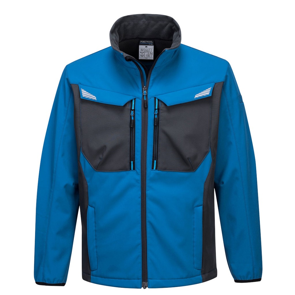 A blue workwear garment designed for use on construction sites and in industrial work environments.,