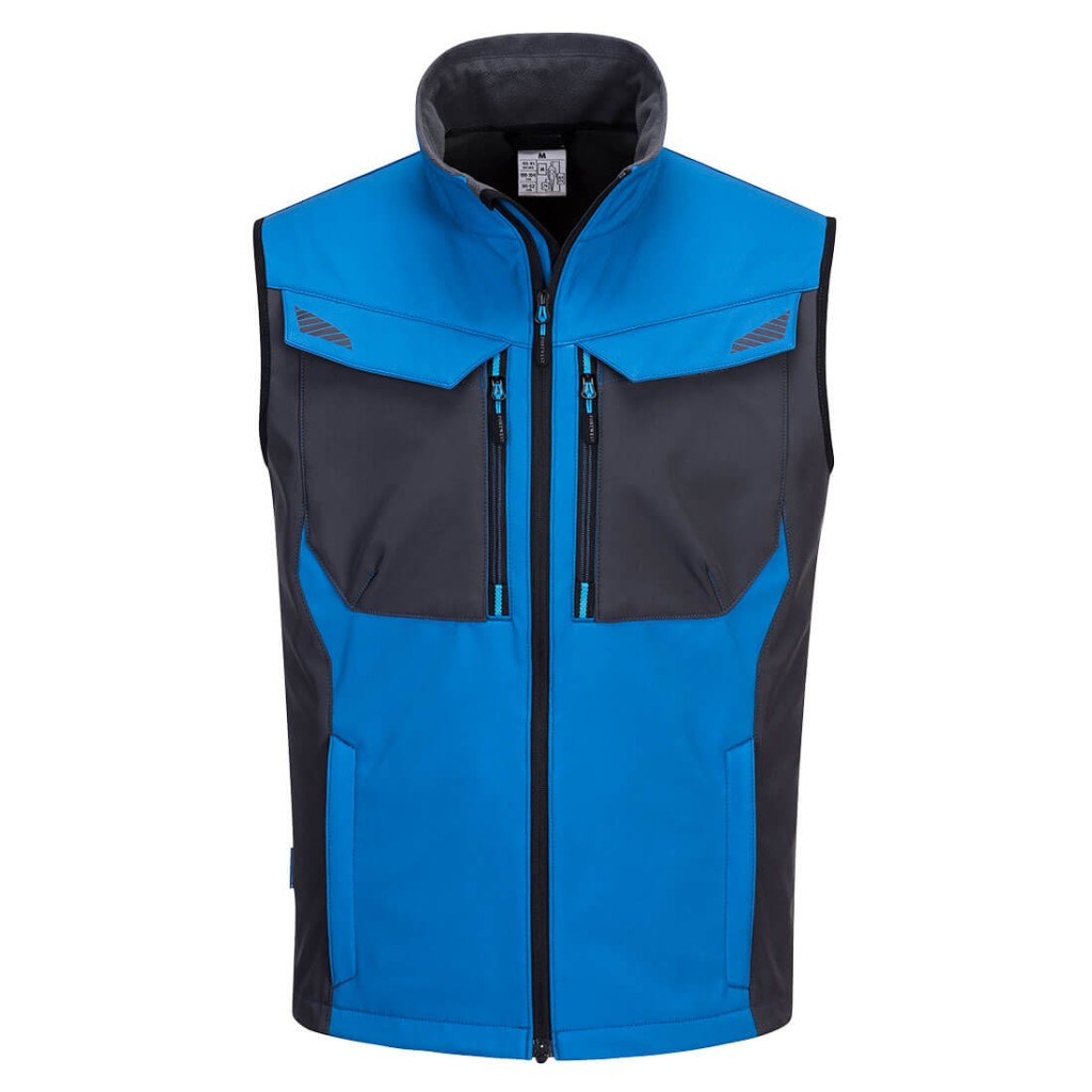 A blue workwear garment designed for use on construction sites and in industrial work environments.,