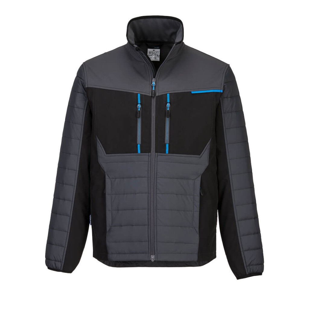 A grey jacket designed for use on construction sites and in industrial work environments.,
