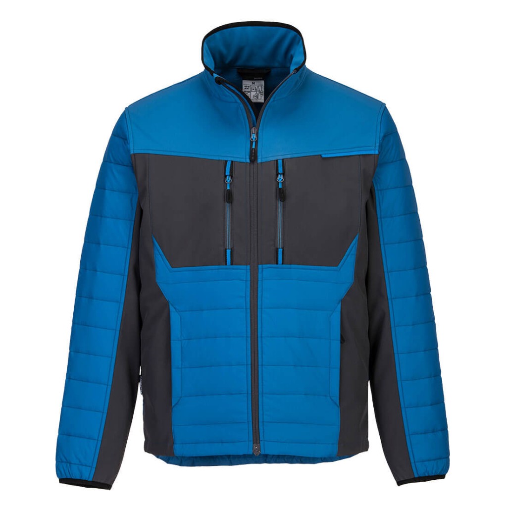 A blue jacket designed for use on construction sites and in industrial work environments.,