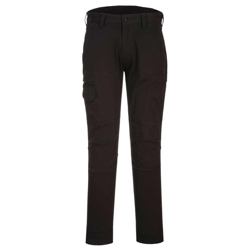 A pair of black work trousers designed for use on construction sites and in industrial work environments.,