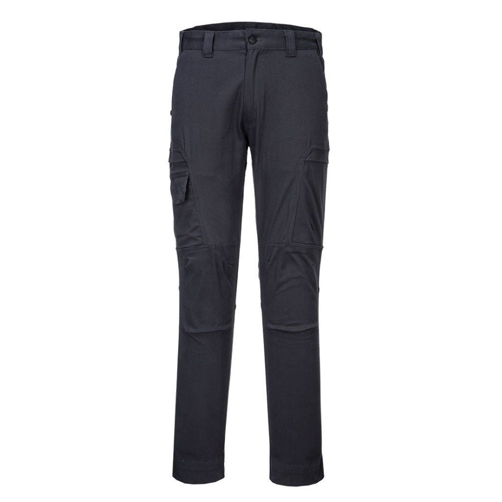 A pair of grey work trousers designed for use on construction sites and in industrial work environments.,