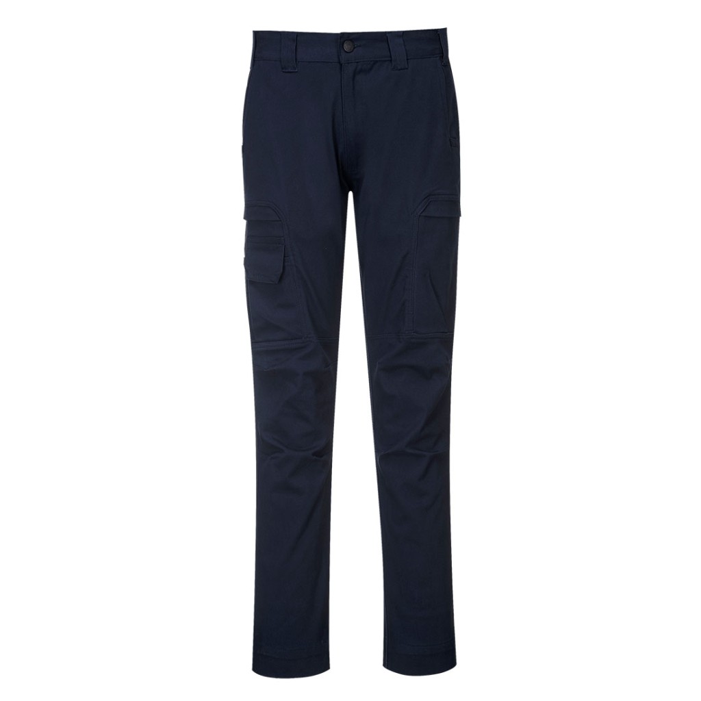 A pair of navy blue work trousers designed for use on construction sites and in industrial work environments.,