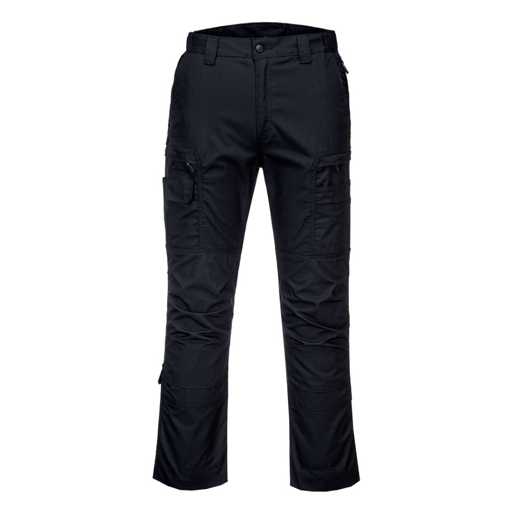 A pair of black work trousers designed for use on construction sites and in industrial work environments.,