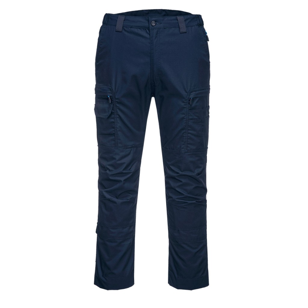 A pair of navy blue work trousers designed for use on construction sites and in industrial work environments.,