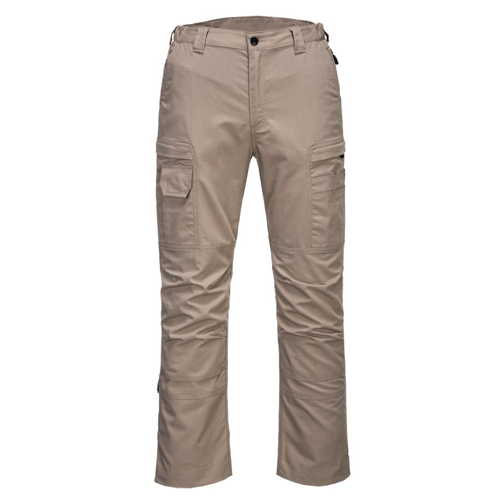 A pair of work trousers designed for use on construction sites and in industrial work environments.,