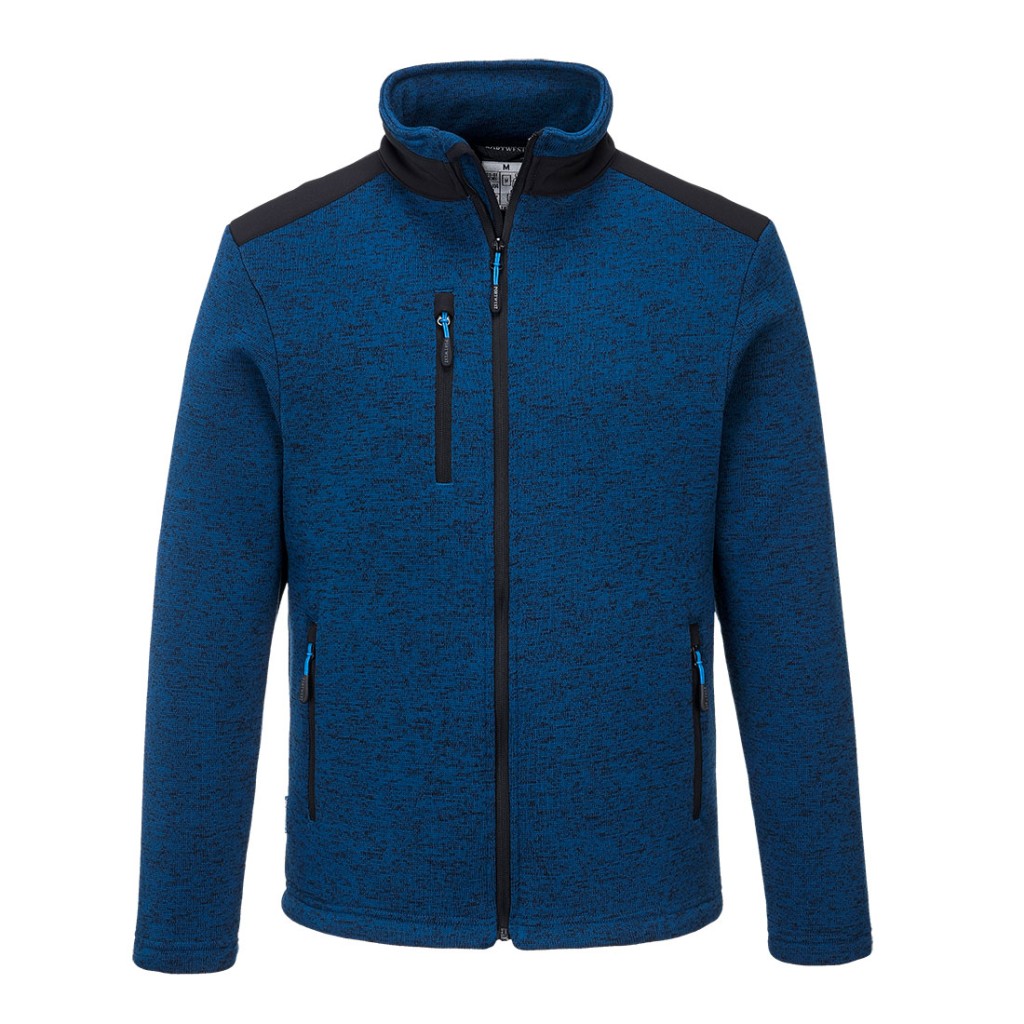 A blue workwear garment designed for use on construction sites and in industrial work environments.,
