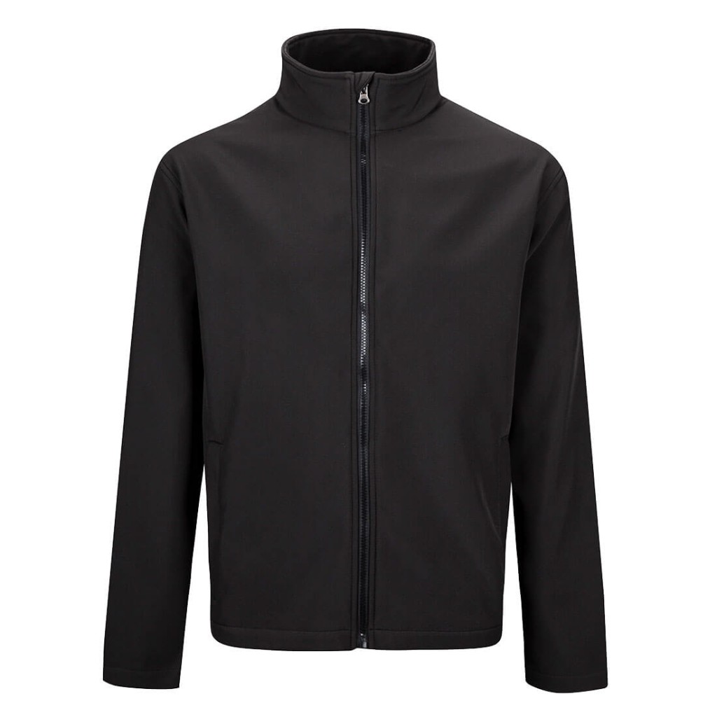 A black softshell jacket designed for use on construction sites and in industrial work environments.,
