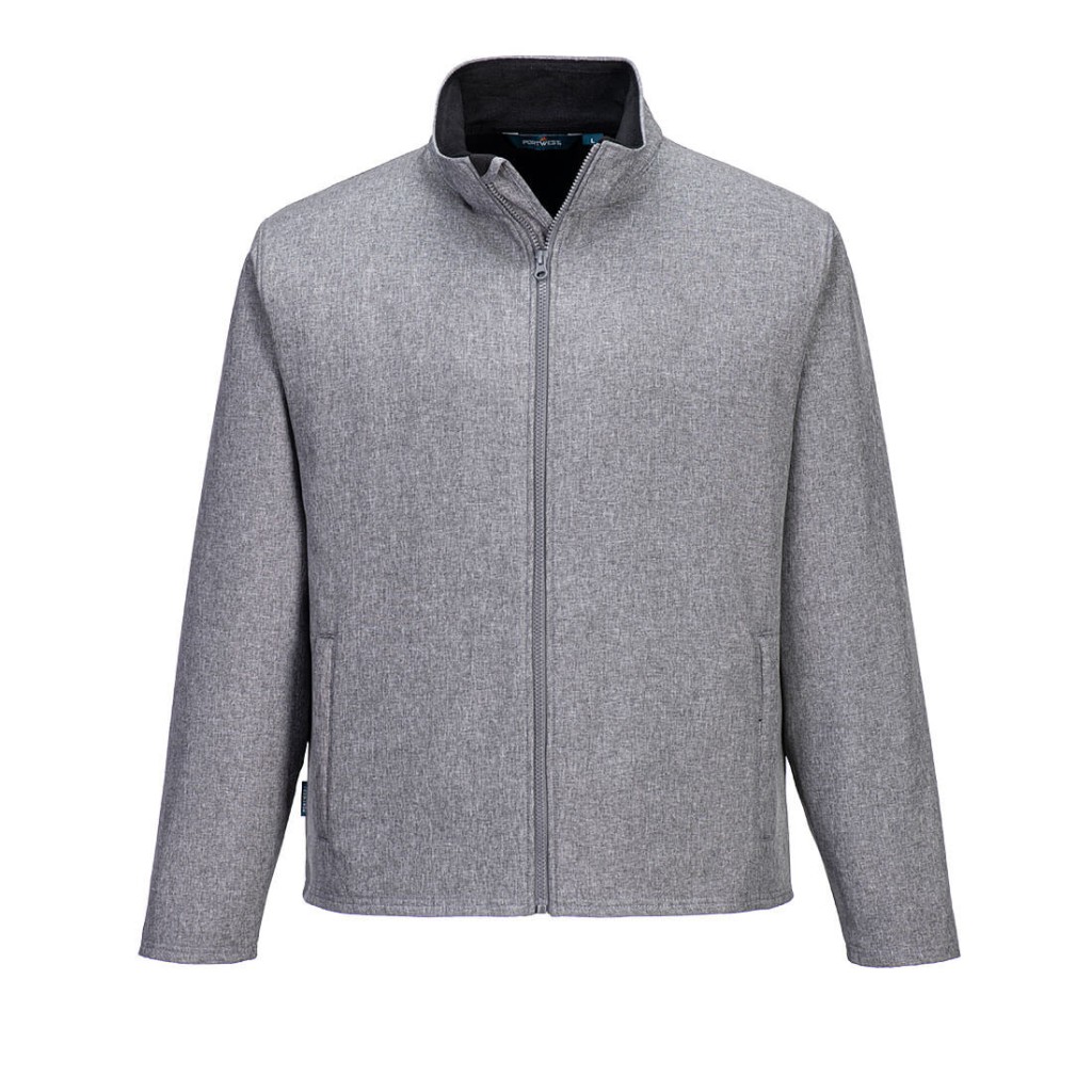 A grey softshell jacket designed for use on construction sites and in industrial work environments.,