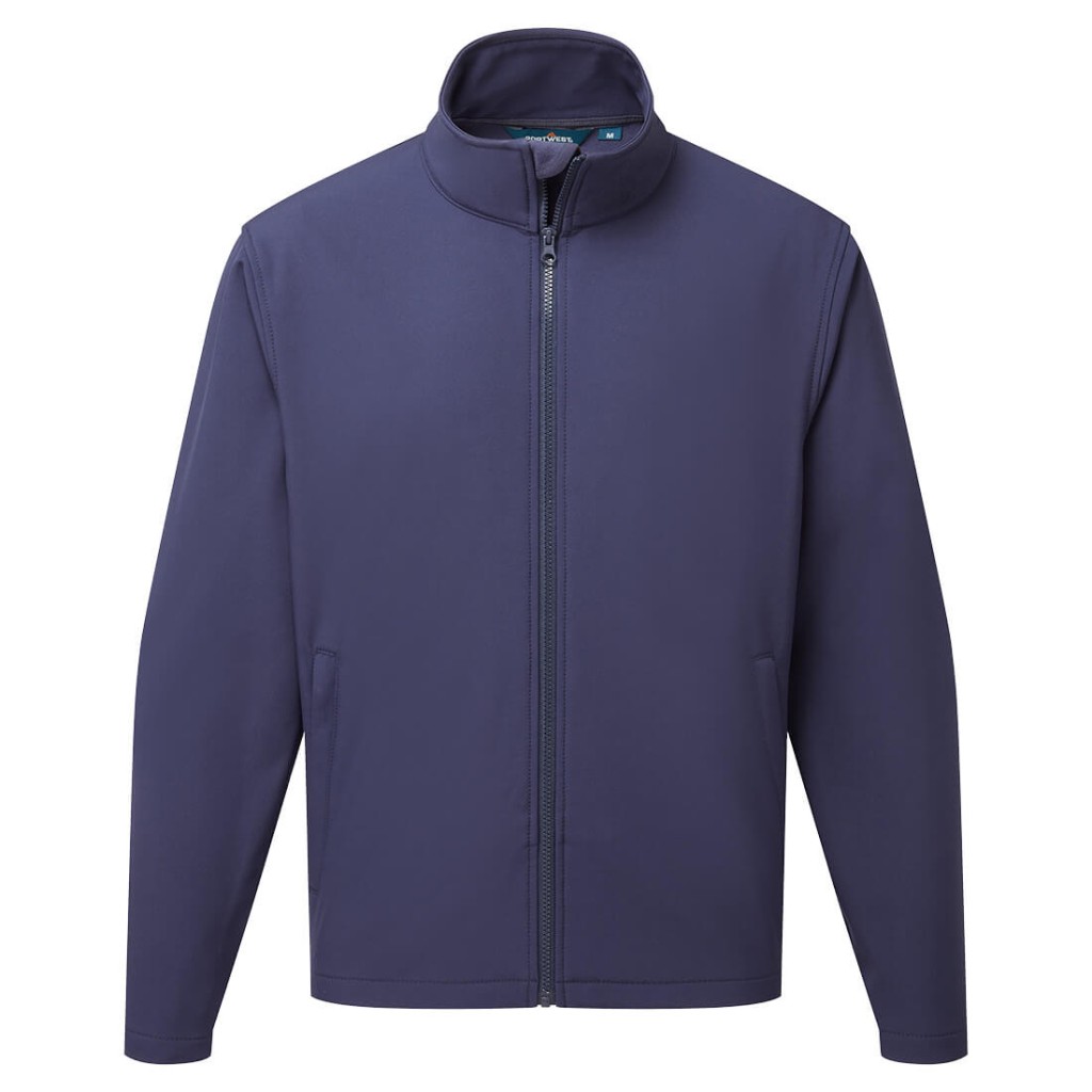 A navy blue softshell jacket designed for use on construction sites and in industrial work environments.,