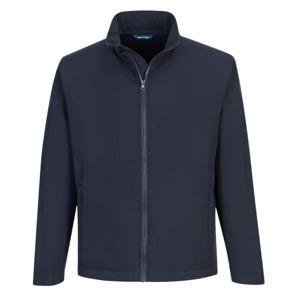 A navy blue softshell jacket designed for use on construction sites and in industrial work environments.,