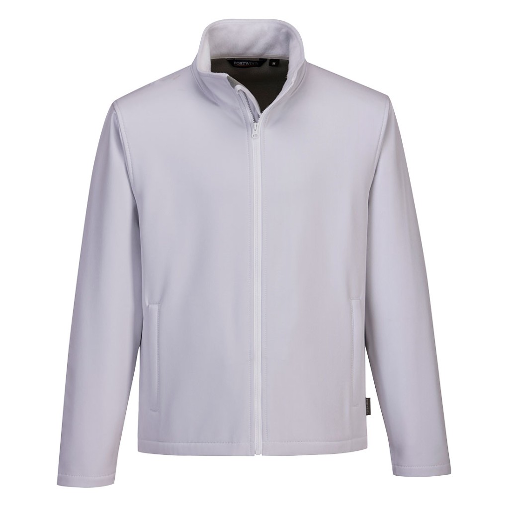A white softshell jacket designed for use on construction sites and in industrial work environments.,